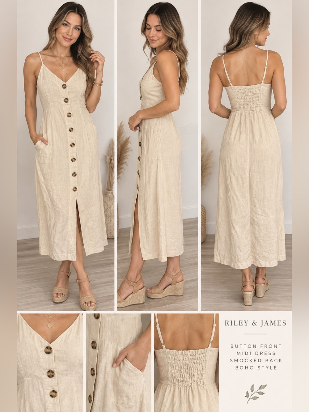 Riley & James Size S Cream Button Front Midi Dress Smocked Back Boho